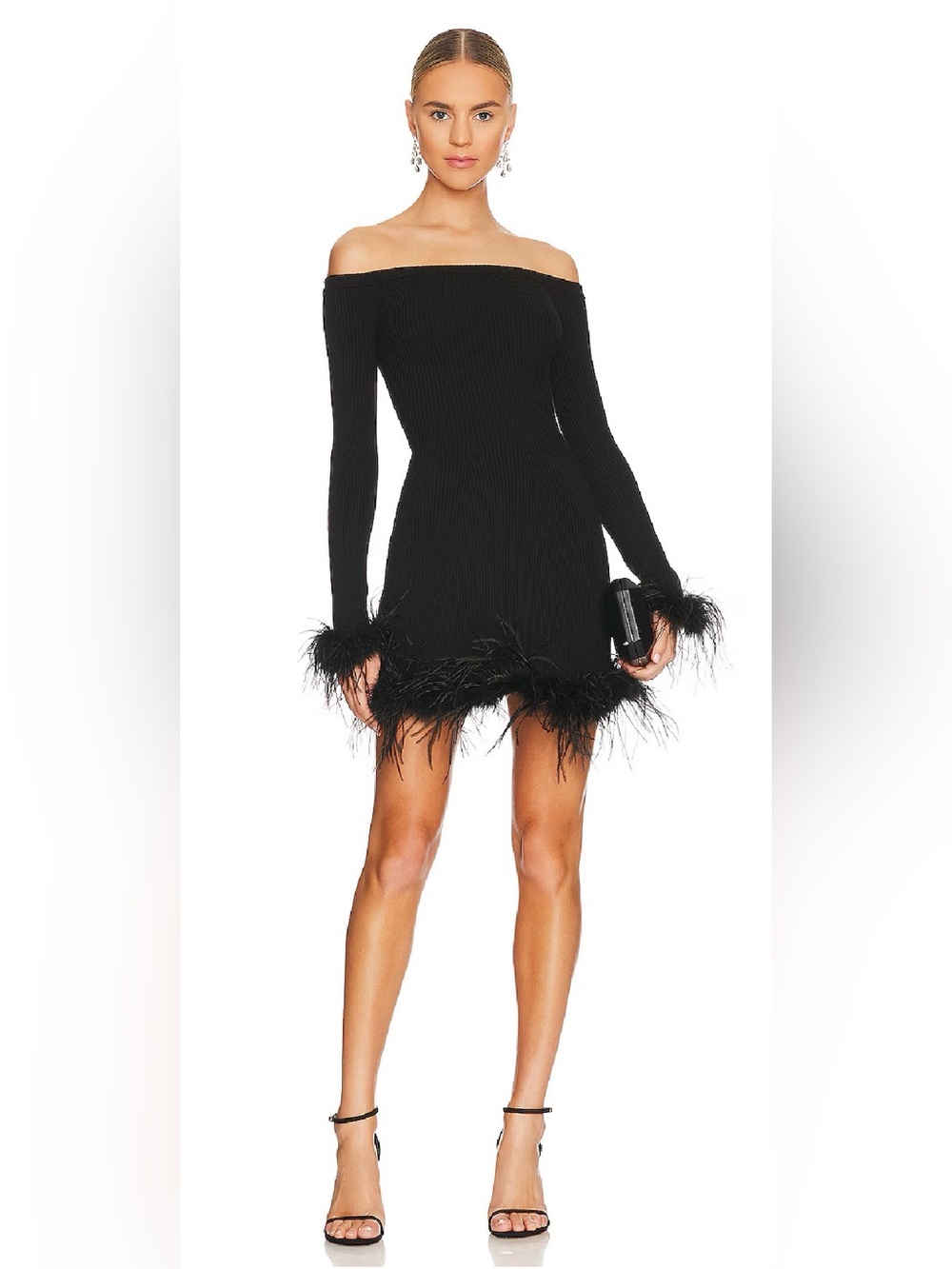 Lovers and Friends Ellerie Off-Shoulder Black Feather Trim Mini Dress